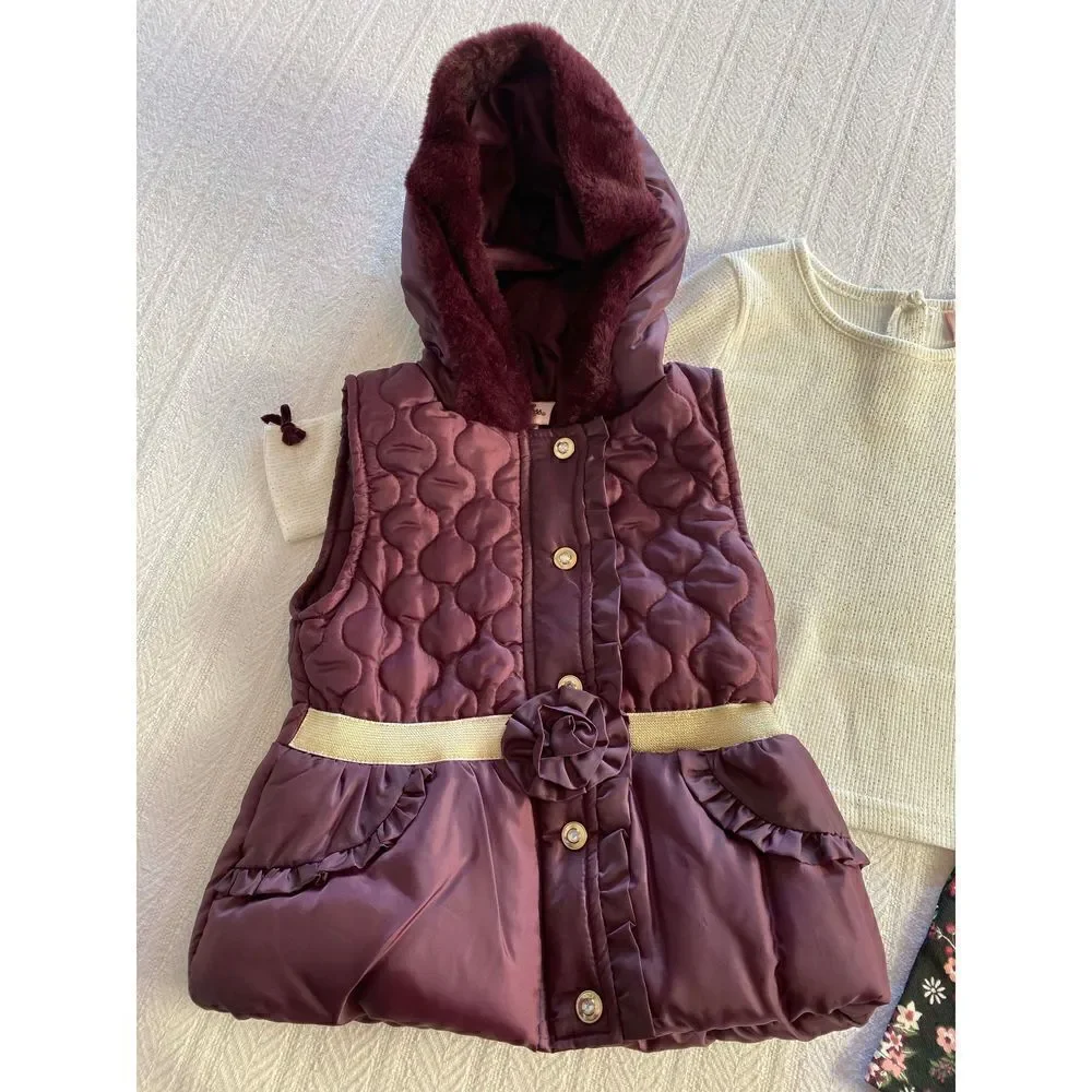 LITTLE LASS GIRL’S SIZE 4 METALLIC SHINE PUFFER VEST, TEE & FLORAL LEGGINGS 3-PC - Picture 2 of 5
